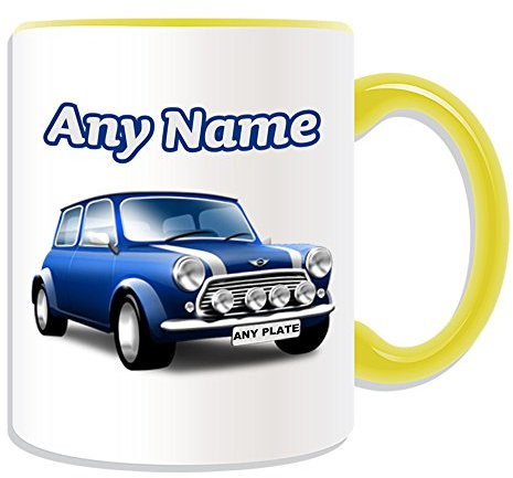 Personalisiertes Geschenk – Blau Mini Cooper Tasse (Design Thema, Farbe Optionen) – Für jede Nachricht/Name auf Ihrem Einzigartig – BMW Hatch Cabrio Clubman Countryman Coupe Roadster Paceman Fahrzeug Auto Automarke Cute Treiber, keramik, gelb