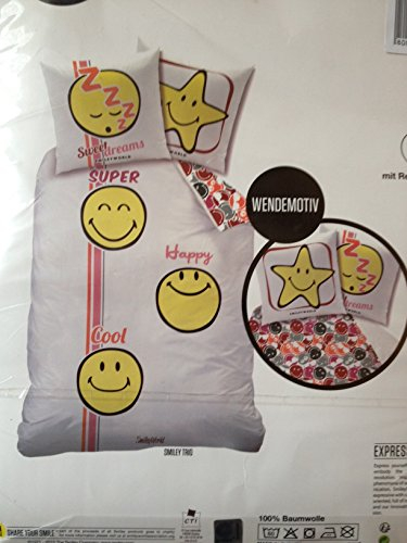 Bettwäsche Smiley Trio Bezug 135x200cm Kissen 80x80cm Wendemotiv 100% Baumwolle mit Reißverschluss