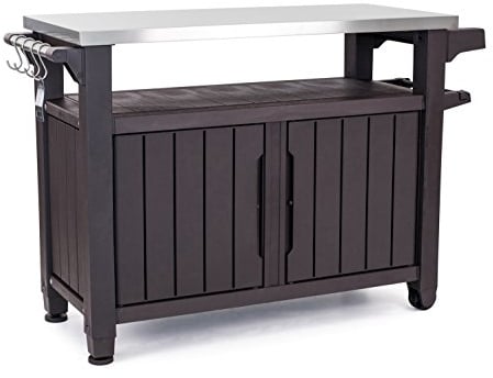 Keter Unity XL Portable Outdoor Table and Storage Cabinet with Hooks for BBQ Accessories - Stainless Steel Top for Patio, Kitchen Island or Bar Cart, Brown