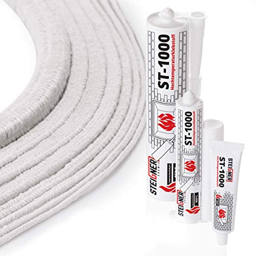 STEIGNER Ofendichtschnur Kamindichtung aus KERAMIKFASERN, hitzebeständig bis 1260°C, inkl. feuerfestem Montagekleber, 2m, 12x12mm, SKD01-12