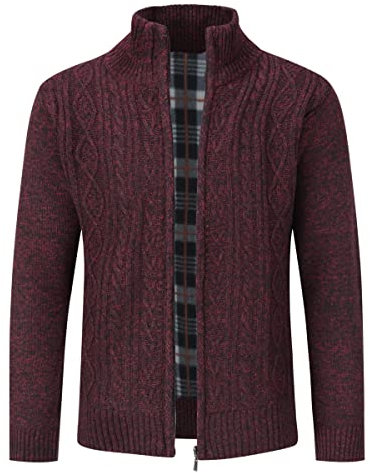 Mens Knitted Cardigan Thick Sweater Full Zip Wool Stand Collar Cardigans Coat Fleece Lined Long Sleeve Cardigan, Red, M