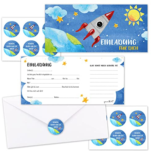 younikat 10 Weltraum Einladungskarten mit Umschlägen und Sticker im Set I Weltall Kinder-Geburtstag zum Ausfüllen I Rakete Kinder Jungs I dv424