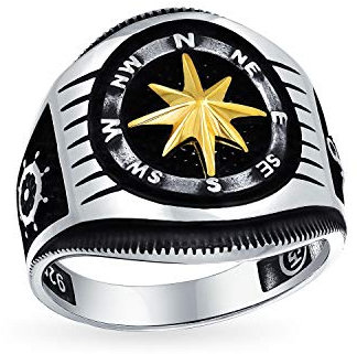 Personalizzare due toni Mens Nauticol Boat Wheel Rose Viking Compass Signet Ring per gli uomini Nero placcato oro .925 Sterling Silver Fatto a mano in Turchia Personalizzabile