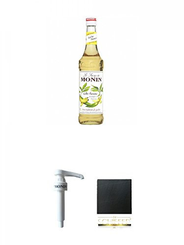 Monin Gelbe Banane Sirup 0,7 Liter + Monin Dosier Pumpe für 0,7 & 1,0 Literflasche + Schiefer Glasuntersetzer eckig ca. 9,5 cm Durchmesser
