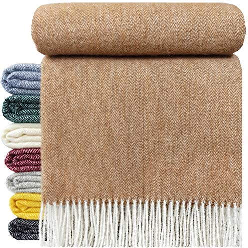 STTS International Wolldecke 100% Schurwolle Wohndecke in versch.Farben Tagesdecke Schurwolldecke Woll-Plaid Tirol Beige/Sand 140 x 200 cm