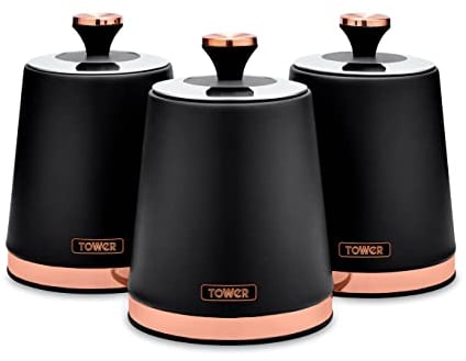 Tower T826131BLK Cavaletto Set of 3 Storage Canisters for Tea/ Coffee/ Sugar, Steel, Black and Rose Gold