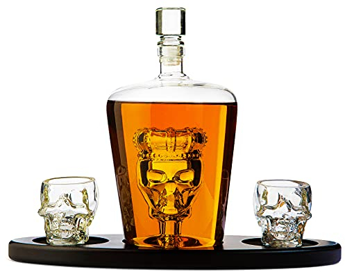 The Wine Savant Skull King Skeleton Wine & Whiskey Globe Decanter Set 750 mL with 2 Skull Head 3oz Skeletons Shot Glasses + Mahogany Wooden Base Decor Glass, Goth Spooky Drinking Glassware