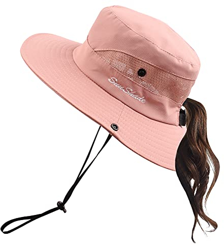 Pesaat Sonnenhut Damen UV Schutz Fischerhut knautschbarer Wasserfester Sommerhut mit Kinnband gartenhut Boonie hat damenfür Gartenarbeit Reisen Wandern Angeln (Rosa-Einfarbig, Gr.Erwachsener)
