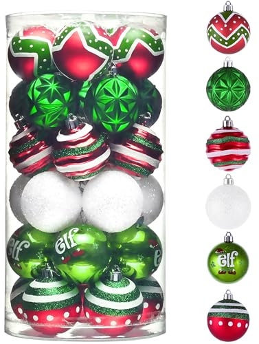 Valery Madelyn Weihnachtsschmuck-Set, 30 Karat Elfe, rot, grün, weiß, bruchsicher, Weihnachtsbaumschmuck-Set, 5,9 cm, dekorative hängende Kugel, Ornamente, Großpackung für Weihnachten, Urlaub, Party,