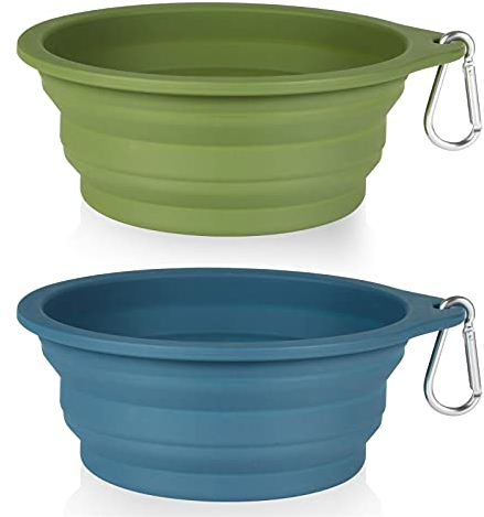 SLSON 2 Pack Dog Collapsible Bowl Large Portable Dog Bowl Pet Feeding Bowl Dog Food Water Bowl Pet Travel Bowl with Carabiner for Pet Indoor and Outdoor Activity (Navy + Dark Green)