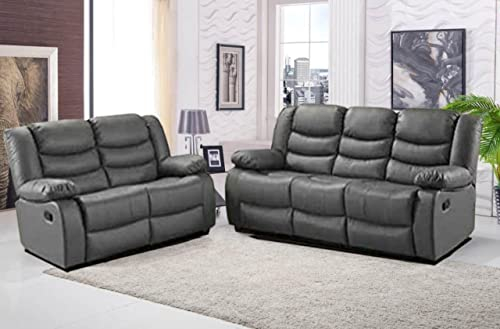 Sofa - Roma leather recliner sofa with cupholders - black and grey color (3+2 seater, 3 seater, 2 seater) (3+2 seater, grey