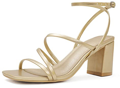 LACUONE Strappy Heels for women Square Toe Chunky Block Heels Ankle Buckle Pump Heeled Sandals