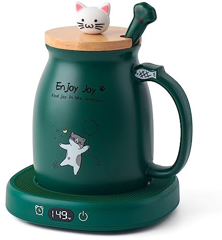 Bsigo Coffee Mug Warmer & Cute Cat Mug Set, Candle Mug Warmer for Home & Office, Electric Smart Coffee Warmer for Desk, Beverage Tea Coffee Cup Warmer with 3-Temp Settings, 8H Auto Shut Off, Green