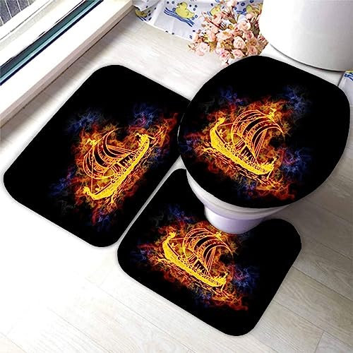 Badematte Set 3 Teilig 50x80 Wikinger Badematten 3D rutschfest Waschbar Badvorleger WC Vorleger Deckelbezug U-Förmige Badteppich Badezimmer Flamme Mythos Schiff Badezimmerdekoratio