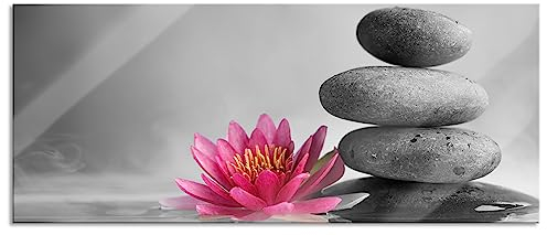 Pixxprint Glasbild Panorama, Wandbild aus Echtglas, Seerosenblüte vor Zen Steinen, 100x40 cm, inkl. Aufhängung und Abstandshalter