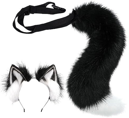 Ulikey Wolf Fuchsschwanz Anziehset, Halloween Kunstfell Katzenohren Plüsch Wolf Fuchsschwanz Kinder Kostüm Set mit Schwanz stirnband und Handschuhe Set für Halloween, Karneval (Schwarz & Weiß)