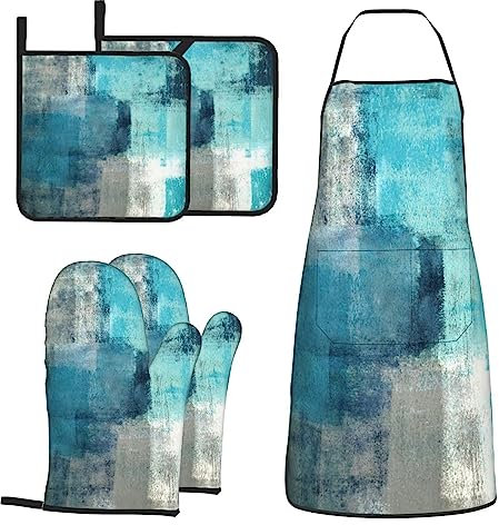 MIFSOIAVV Modern Art Abstract Gery Turquoise Oven Mitts and Pot Holders Sets with Apron 5Pcs Turquoise Kitchen Mitten Gloves and Potholders Apron Sets Teal Oven Gloves Hot Holders for Cooking