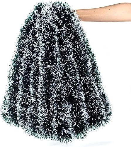 Dark Green & White Christmas Tinsel Tree Garland - 32.8 Feet, Indoor/Outdoor Decorations