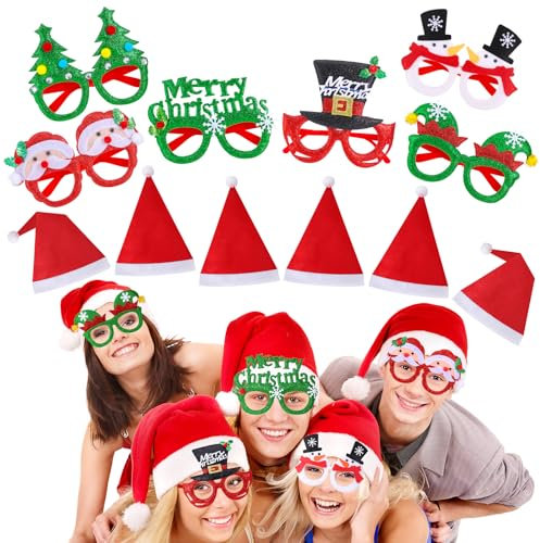 Huiguli Weihnachten Dekoration, 6 Stück Weihnachtsbrillen & 6 Stück Weihnachtsmütze, Lustige Weihnachtsfeier Brille, Weich Nikolausmütze Unisex, Weihnachten Geschenke für Kinder Freunde Familien