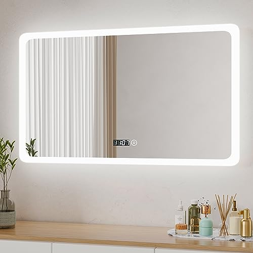 Boromal LED Badezimmerspiegel 100x60cm Badspiegel mit Beleuchtung und Uhr Badezimmer Spiegel 3 Lichtfarbe Dimmbar 3000-6500K 3410LM Wandspiegel Lichtspiegel LED Spiegel mit Uhr, Touch Schalter