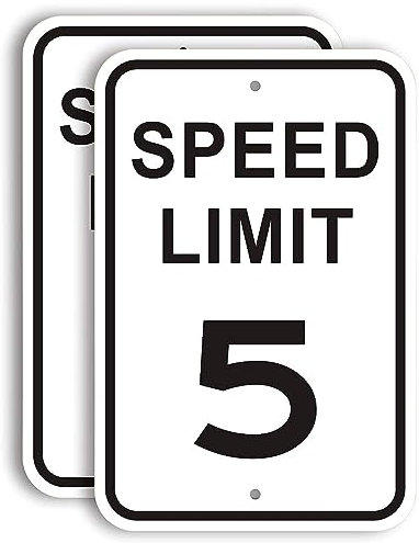 Lot de 2 panneaux de signalisation de limitation de vitesse de 5 km/h – 30,5 x 45,7 cm – Panneaux de signalisation en métal réfléchissant de qualité ingénieur pour quartiers, allées, cour et école