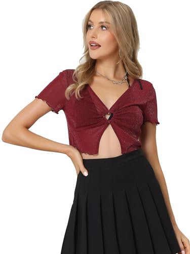 Allegra K Cutout Party Tops for Women's V Neck Mesh Sheer Shimmer Crop Tops Dark Red L