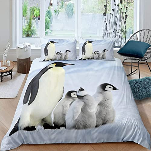 Sezhiqeu Pinguin Bettwäsche 155x220, 3D Muster Weich Kuschelig Mikrofaser Bettwäsche Set Tier Bettbezug + 2 Kissenbezug 80x80 cm mit Reißverschluss