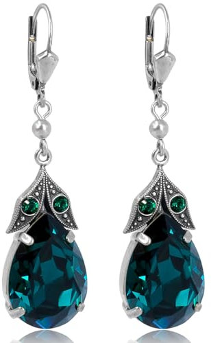 Silberohrringe Jugendstil Marken Kristalle Emerald Grün Damen Ohrhaenger NOBEL SCHMUCK