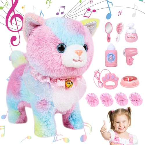 FGJCJ Interaktives Haustier Katze, Plüschtier Katze mit Funktion, Akustische Induktion Katze Spielzeug Kinder Furreal mit Katzenzubehör, Wandern Spielzeug Katze für Kinder ab 3 Jahren