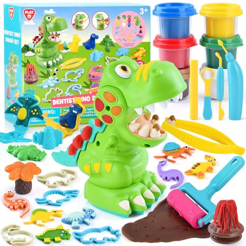 PLAY Knete Set für Kinder - DIY Dinosaurier Knete Zubehör ab 3 Jahre, Kinderknete Dinosaurier zahnarzt Spielzeug Knete mit 6 Dosen Knetmasse, Spielzeug Geschenk Mädchen & Junge