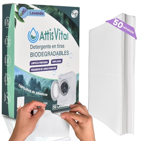 AttisVital Detergente en Tiras para Lavadora (50 Lavados) – Ecológico, Hipoalergénico, con Efecto Suavizante – Ropa Limpia y Suave, Respetuoso con el Planeta (lavada)