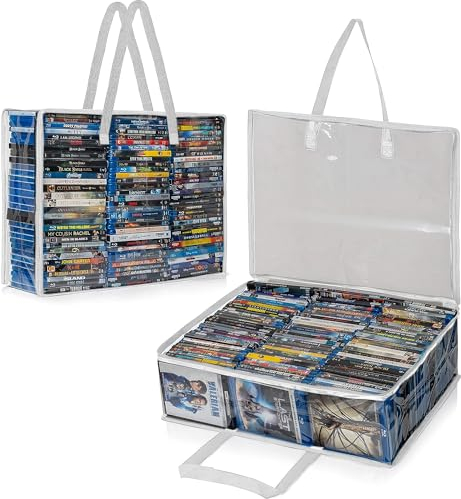 Besti Blu Ray Case Holder Organizer, Set of 2 Clear Plastic Bags with Handles for Storing Blurays, DVDs, CDs, Storage Bags for Video Game Cases, Holds Up to 90 Bluray and 60 DVD Cases (White)