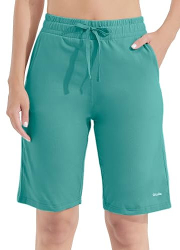 WILLIT Pantaloncini da donna in cotone, pantaloni lunghi da yoga, lunghezza al ginocchio, per allenamento estivo, 10, con tasche, verde acqua, M
