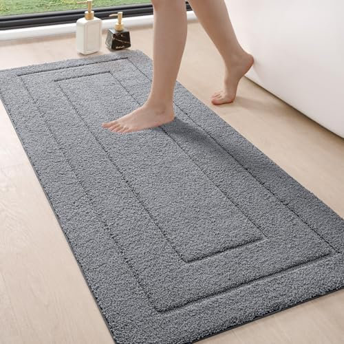 DEXI Badteppich rutschfeste,weicher Badezimmerteppich Wasserabsorbierend Badematte maschinenwaschbar Badvorleger für Dusche,Badewanne und Toilette, Grau, 61 x 152 cm