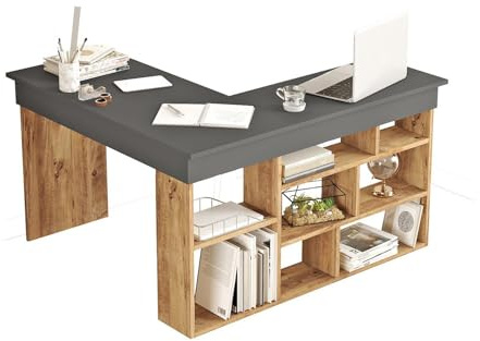 Vente-unique-Eckschreibtisch mit Stauraum - Anthrazit & Holzfarben - LILEUL