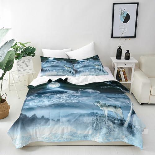 ANHOPE Wolf Bettwäsche Set 2 Teilig Wald Wölfe Mond Bettbezug 135x200 cm + Kissenbezug 80x80 cm Weich Microfaser Bettbezüge mit Reißverschluss Ganzjahres Bettdeckenbezug Set