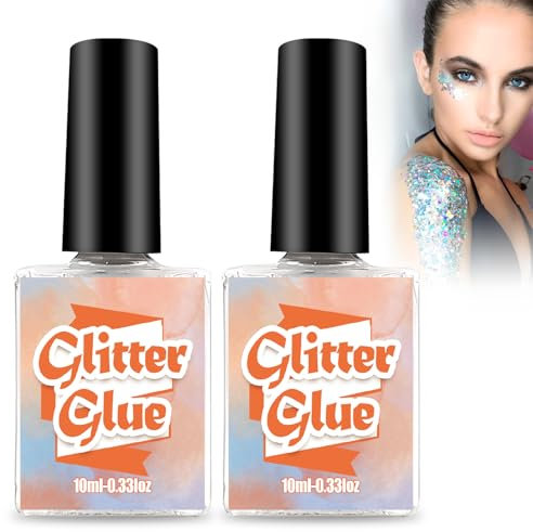 2x10 ml Glitter Tattoo Glue, Adhesivo Corporal Soluble en Agua para Tatuajes Temporales, Gel para Purpurina Ideal para Halloween, Carnaval, Navidad, Cosplay y Fiestas Temáticas