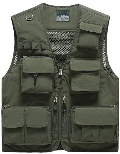 Vanchenl Herren Freizeit Safari Angeln Outdoor Arbeit Weste Jacke Foto Reise Cargo Mesh Weste Multi Taschen Armeegrün S