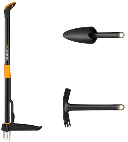 Fiskars Set di Attrezzi da Giardino, 3 pezzi, Sarchiatore Xact, Acciaio Inox/Plastica, Solida Combinazione di Zappa e Cazzuola, Plastica Rinforzata con Fibra di Vetro, Nero/Arancio, 1077307