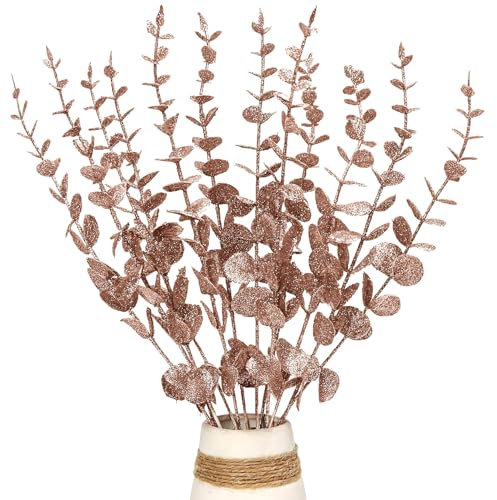 Kunjocy Glitzer-Blätter, 37 cm, glänzende Eukalyptusstiele, funkelnde Eukalyptuszweige, Stiele, glitzerndes Laub, Dekoration für Weihnachtsbaum, Vasenfüller, Party, Zuhause, Urlaub, Ornament
