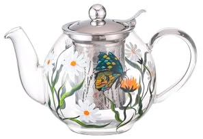 Cottea 1000ml/35oz Hand Painted Pattern Glass Teapot for Stove top,Tea Pot for Loose Tea,Glass Tea Kettle with Infuser,1 Pack.(Butterfly)