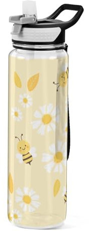 Mnsruu Clear Sport Water Bottle with Straw,Leakproof Drinking Bottle,Cute Bee Daisy Flower Yellow Cycling Bottles for Sport,Office,School,BPA Free Tritan Plastic,1 Litre