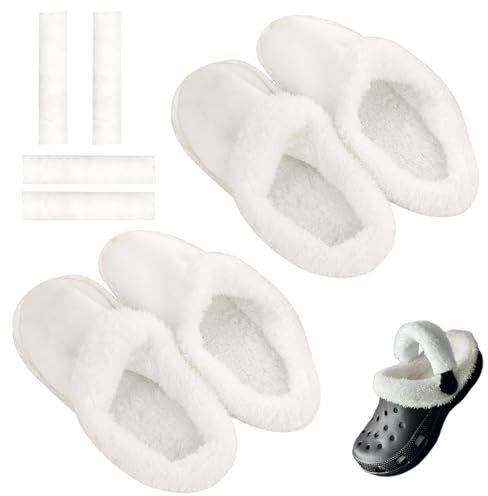 2 Paar Kompatibel mit Crocs mit Fell Damen Schuhe Warm Liner Clogs Liner Kompatibel mit Crocs Fell Abnehmbar Leicht zu Reinigen mit 2 Abdeckung Schnürsenkel Innenlänge der Einlegesohle 24cm (Weiß)