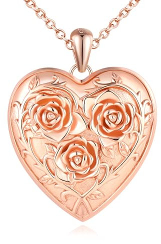 Yumilok Pendant Necklace for women 925 Sterling Silver rose heart love flower Open Heart Photo Picture Locket Necklace rose gold