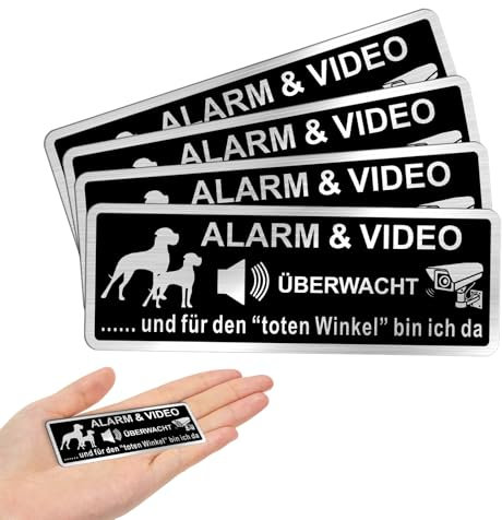 SINMAO Videoüberwacht und Alarmgesichert Aufkleber Klein, Vorsicht Hund Schild Lustig Selbstklebend 85x30mm Gebürstetes Aluminium Schwarz x4Stück