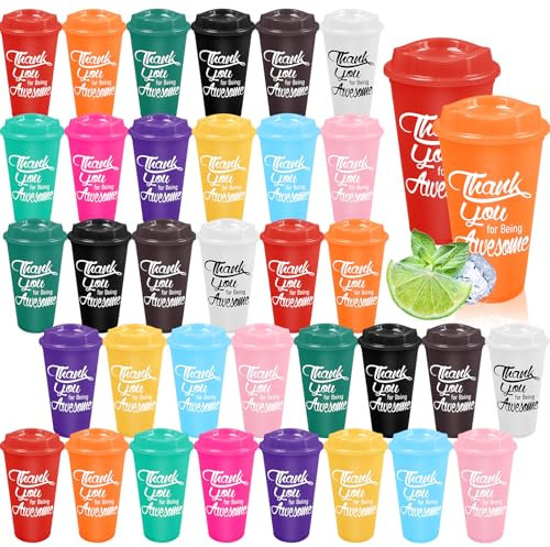 Malloom 36 PcsThank You Plastic Tumblers Bulk, 16 oz Reusable Coffee Cup with Lid for Employee Appreciation Gift Inspirational Travel Mug for Teacher Coworker Staff Gifts (12 Colors)