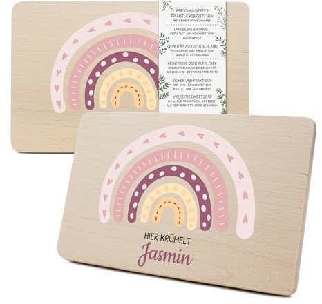Yabaduu Individuelles Holzbrett für Kinder 23,5x15cm Frühstücksbrettchen Brotzeitbrett personalisiert aus Holz Tier-Motiv als Geschenk Geburtstag Kind RV007 (18 Regenbogen, Mit Wunschname)
