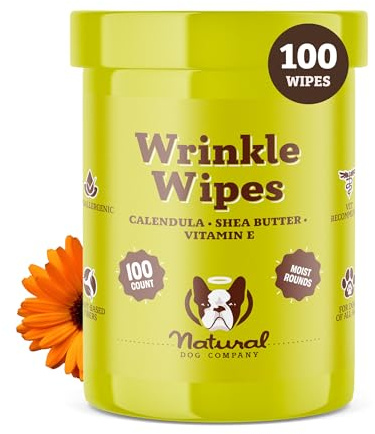Natural Dog Company Wrinkle Wipes for Dogs, 100 Count, Hypoallergenic, Cleaning & Deodorizing, for Grooming Faces, Paws & Butts