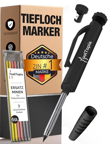 Tieflochmarker Bleistift Profi– Markierstifte Baustelle inkl. Köcher + 6 Ersatz minen + Spitzer, Perfekt als Bohrlochmarker & Baustellen oder Handwerker Bleistift, Robuster Zimmermannsbleistift