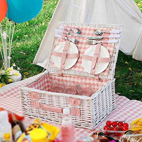QNDUGJFER Picknickkorb aus natürlichem Weidengeflecht, Picknickkorb mit Besteckset, isoliertes Weidenbesteckset (rosa Gitter, 4 Personen)